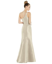 Draped One-Shoulder Satin Trumpet Gown with Front Slit