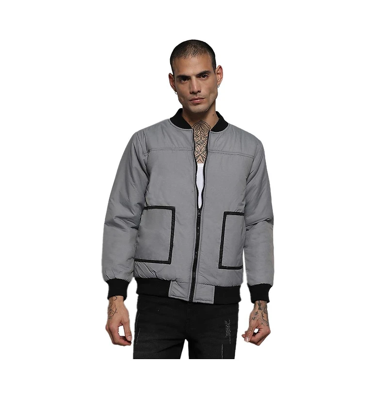 Campus Sutra Men's Light Grey Zip-Front Puffer Jacket With Contrast Detail