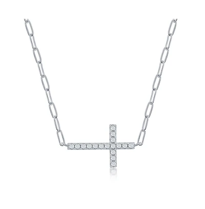 Sterling Silver Cz Sideways Cross Paperclip Necklace