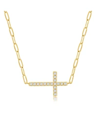 Sterling Silver Cz Sideways Cross Paperclip Necklace