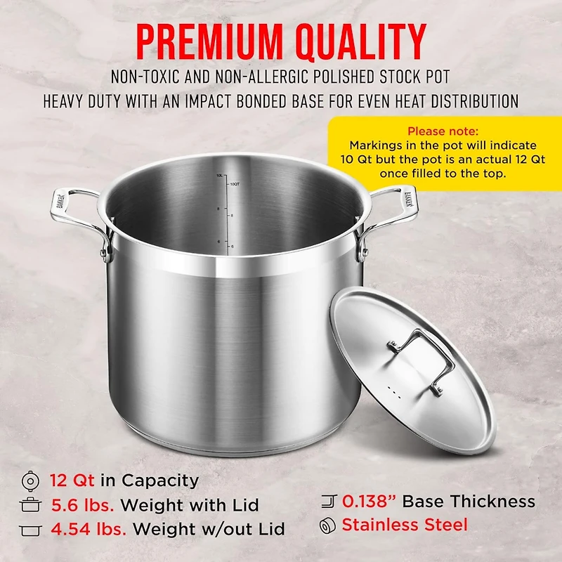 Bakken-Swiss 12-Quart Brushed Stainless Steel Stockpot with Lid – Heavy-Duty Induction Pot with Riveted Handles – Ideal for Soup, Seafoo