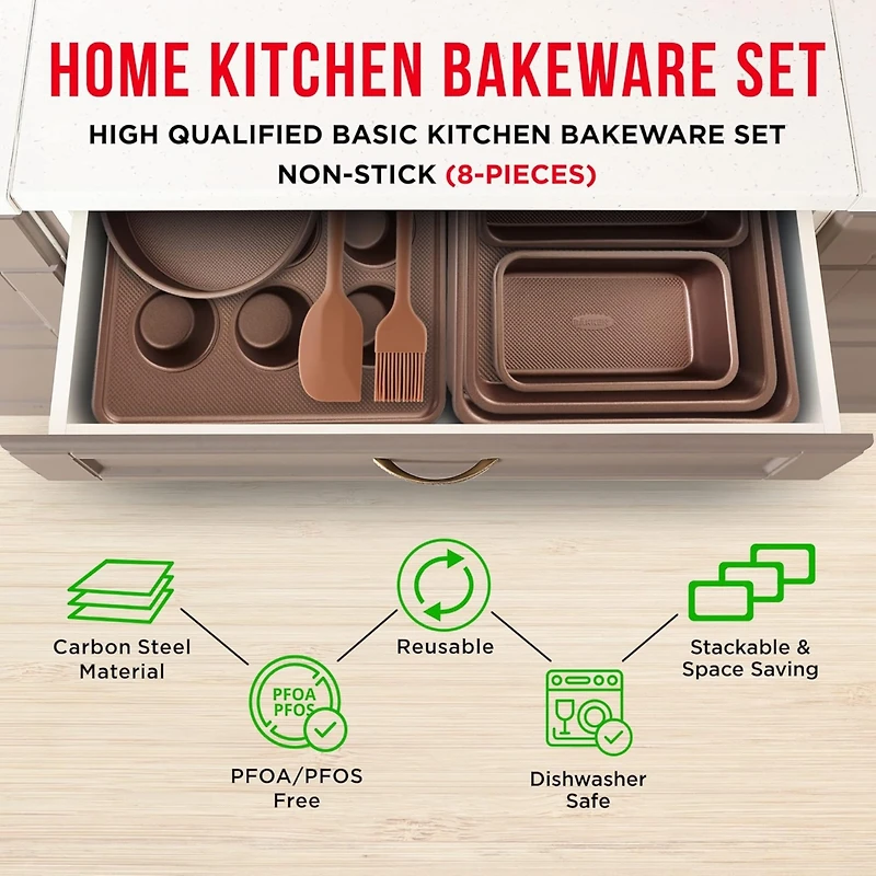 Bakeware Set – 8 Piece – Non-Stick Professional Home Bakeware – Multi Sized Baking Pan Set - Muffin Pan, Loaf Pan and More