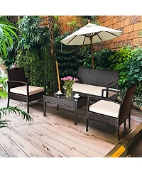 4 Pieces Patio Ratten Conversation Set with Loveseat Sofas and Coffee Table