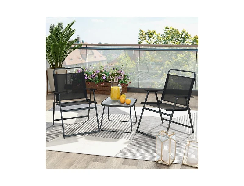 3 Pieces Patio Folding Conversation Chairs and Table-Black