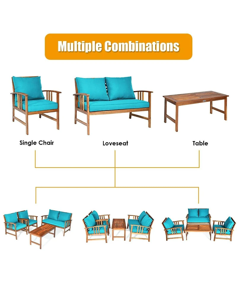 4 Pcs Wooden Patio Furniture Set Table Sofa Chair Cushioned Garden