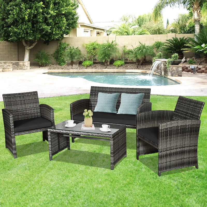 Slickblue 4 Pcs Patio Rattan Furniture Set Top Sofa With Glass Table