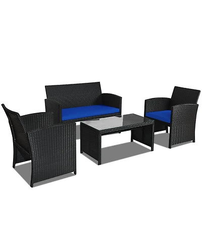 4 Pieces Rattan Patio Furniture Set with Weather Resistant Cushions and Tempered Glass Tabletop