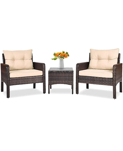3 Pcs Outdoor Patio Rattan Conversation Set with Seat Cushions