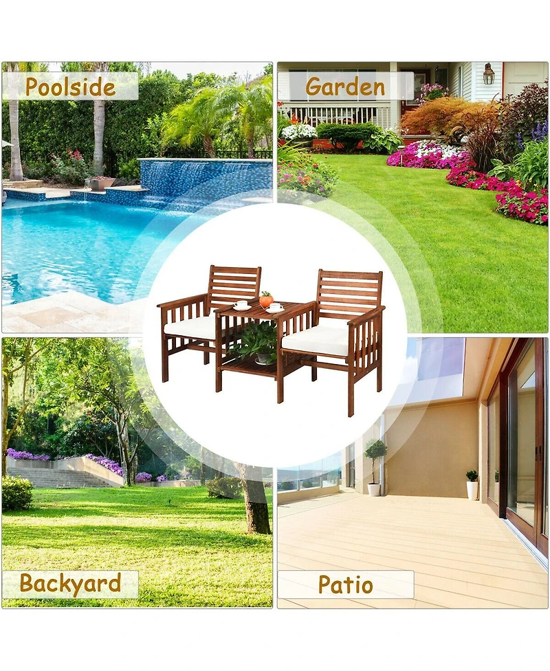 3 pcs Outdoor Patio Table Chairs Set Acacia Wood Loveseat