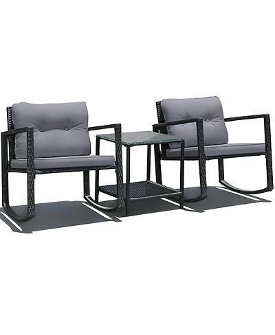3 Pcs Wicker Rocking Bistro Set with Glass Coffee Table and Storage Shelf