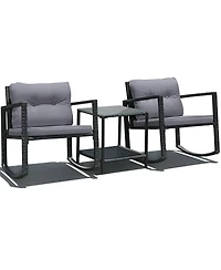 3 Pcs Wicker Rocking Bistro Set with Glass Coffee Table and Storage Shelf