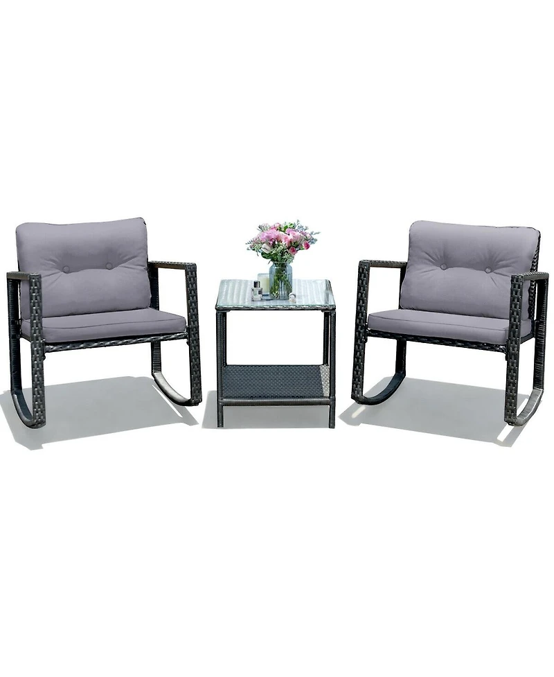 3 Pcs Wicker Rocking Bistro Set with Glass Coffee Table and Storage Shelf