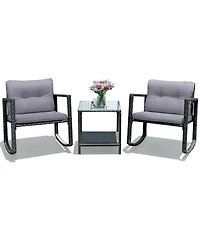3 Pcs Wicker Rocking Bistro Set with Glass Coffee Table and Storage Shelf