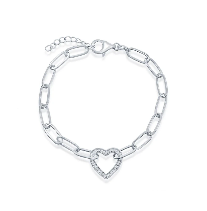 Sterling Silver or Gold Plated Over Sterling Silver Cz Heart Paperclip Bracelet