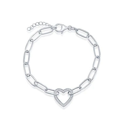 Sterling Silver or Gold Plated Over Sterling Silver Cz Heart Paperclip Bracelet