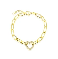 Sterling Silver or Gold Plated Over Cz Heart Paperclip Bracelet