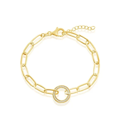 Sterling Silver or Gold Plated Over Cz Circle Paperclip Bracelet