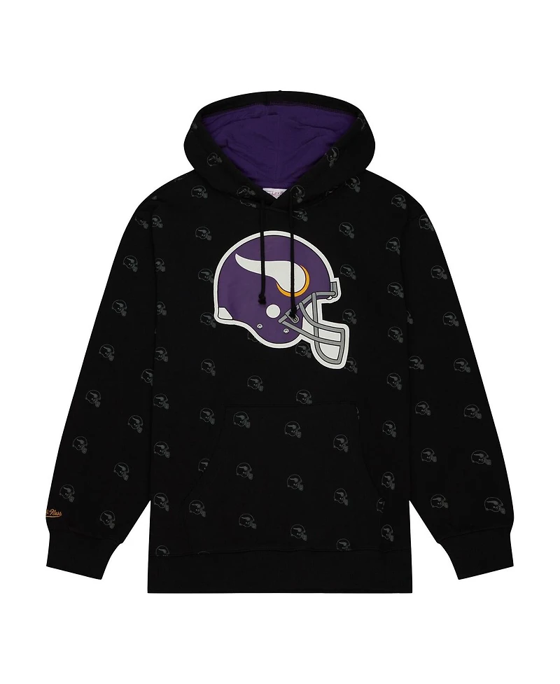 Men's Mitchell & Ness Black Minnesota Vikings Allover Print Fleece Pullover Hoodie