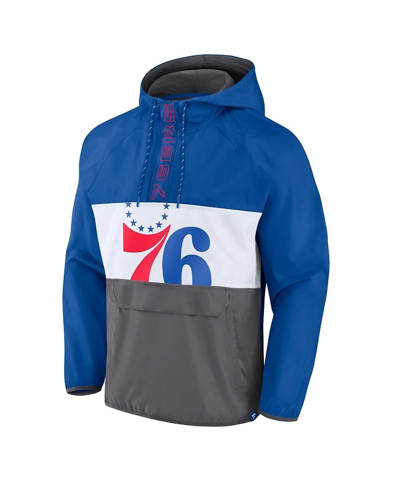 Men's Fanatics Royal, Gray Philadelphia 76ers Anorak Flagrant Foul Color-Block Raglan Hoodie Half-Zip Jacket