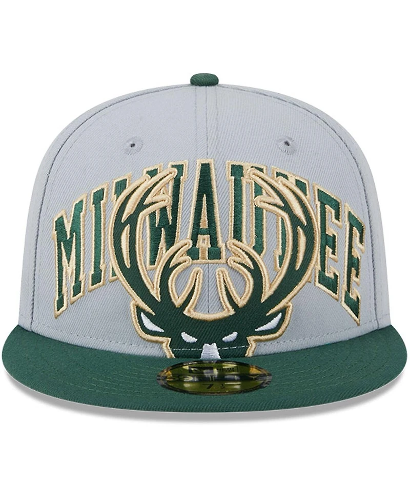 Men's New Era Gray, Hunter Green Milwaukee Bucks Tip-Off Two-Tone 59FIFTY Fitted Hat