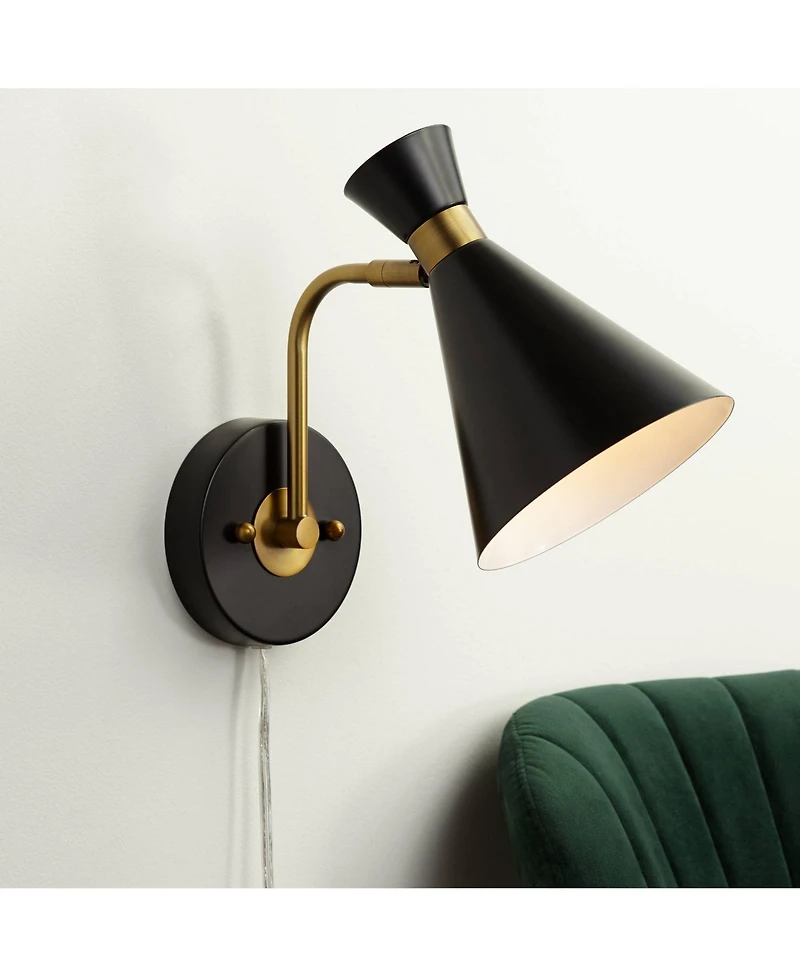 360 Lighting Venice Mid Century Modern Wall Lamp Matte Black Brass Plug-in 6 1/4" Light Fixture Adjustable Metal Cone Shade for Bedroom Living Ro