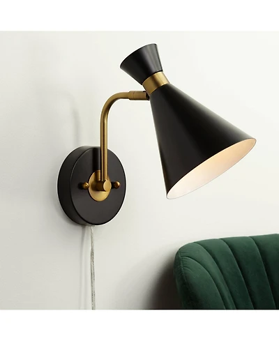 360 Lighting Venice Mid Century Modern Wall Lamp Matte Black Brass Plug-in 6 1/4" Light Fixture Adjustable Metal Cone Shade for Bedroom Living Ro