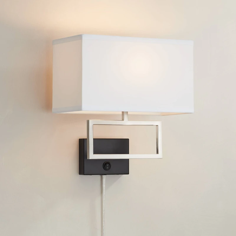 Possini Euro Design Trixie Modern Wall Lamp Brushed Nickel Plug-in 12" Light Fixture Rectangular Shade for Bedroom Reading Living Room Hallway Ho