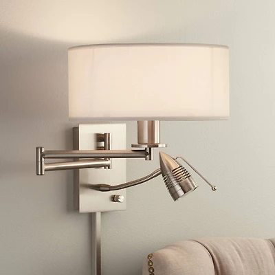 Possini Euro Design Tesoro Modern Swing Arm Wall Lamp with Led Reading Arm Brushed Nickel Plug-in Light Fixture Off White Drum Shade for Bedroom Home