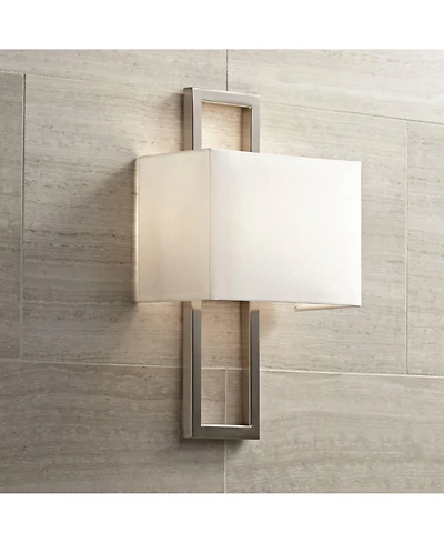 Possini Euro Design Modern Wall Light Sconce Brushed Nickel Hardwired 15 1/2" High Fixture Faux Silk for Bedroom Bathroom Hallway