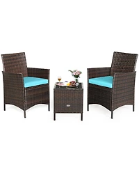 Sugift 3 Pieces Patio Cushioned Rattan Conversation Set With Glass Table Top