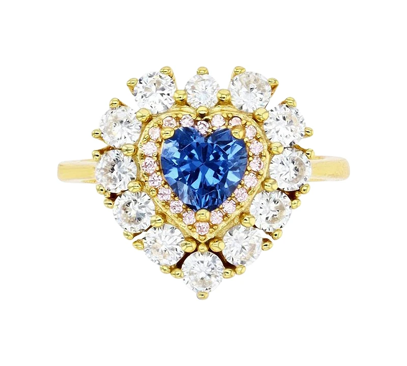 Cubic Zirconia Blue & White Heart Halo Ring 14k Gold-Plated Sterling Silver