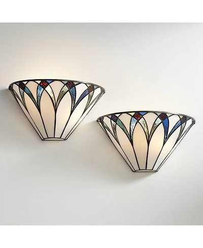 Regency Hill Filton Tiffany Style Wall Light Sconces Set of 2 Bronze Metal Hardwire 12 1/4" Fixture Blue White Art Glass for Bedroom Bathroom Van