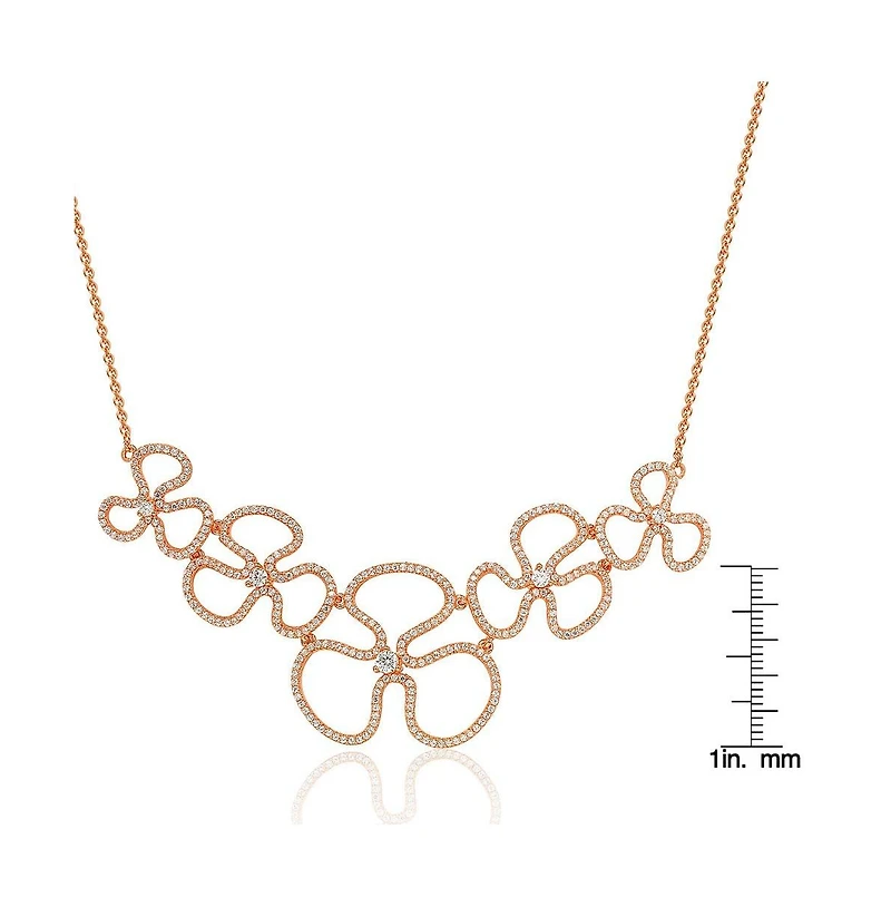 Suzy Levian Sterling Silver Cubic Zirconia Thin Floral Bib Pendant Necklace