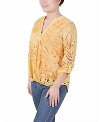 Ny Collection Women's Long Sleeve Burnout Y-neck Blouse