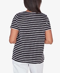 Alfred Dunner Women's Classic Neutrals Lace Neck Striped Split Hem T-shirt