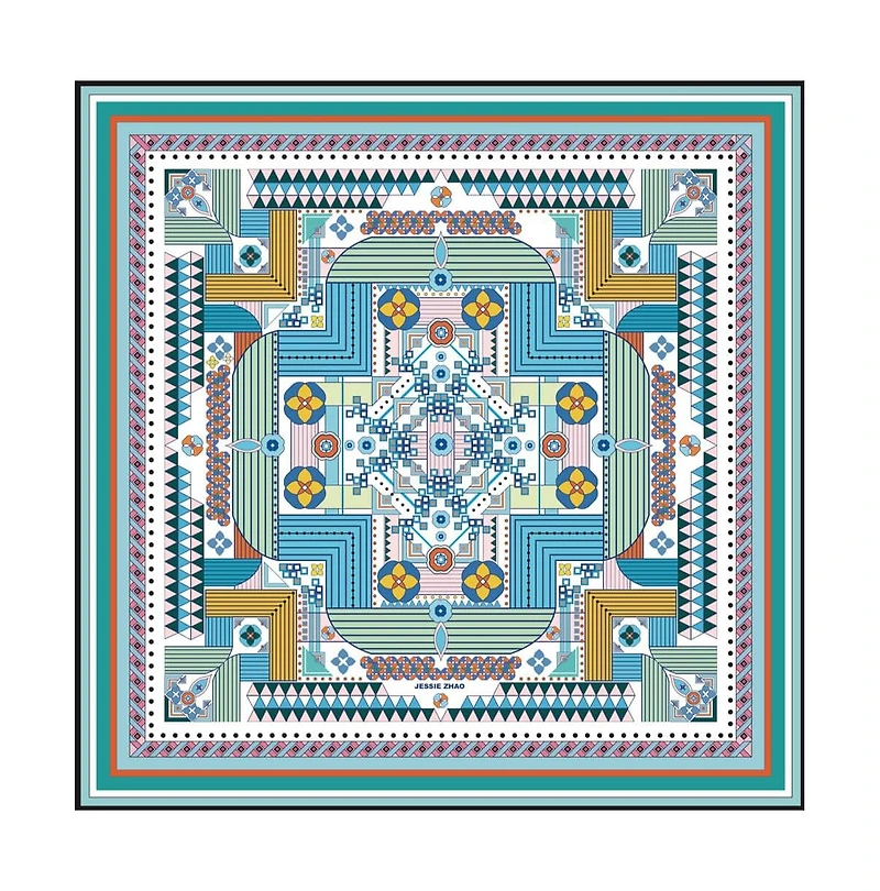 Jessie Zhao New York Double Sided Silk Scarf of Reconstruction with Shapes in Blue