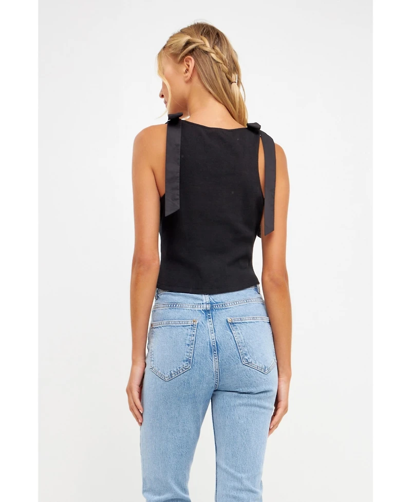 English Factory Women's Mixed Media Bow Tie Ribbed Henley Top