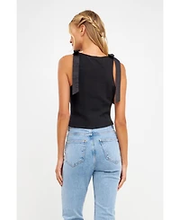 English Factory Women's Mixed Media Bow Tie Ribbed Henley Top