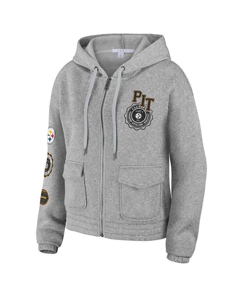 Women's Wear by Erin Andrews Heather Gray Pittsburgh Steelers Full-Zip Hoodie