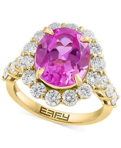 Effy Lab Grown Pink Sapphire (5-3/8 ct. t.w) & Lab Grown Diamond (1-1/2 ct. t.w.) Halo Ring in 14k Gold