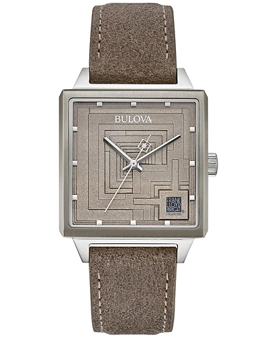 Bulova Men's Ennis House Frank Lloyd Wright Taupe Leather Strap Watch 34mm