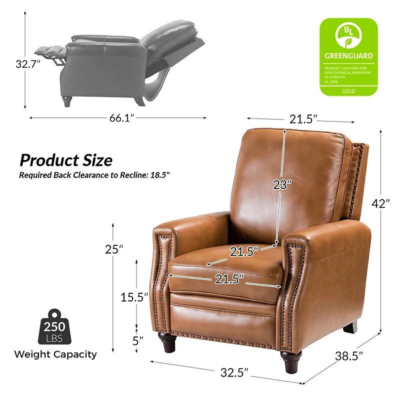 Bellino Modern Genuine Leather Recliner with Nailhead Trim
