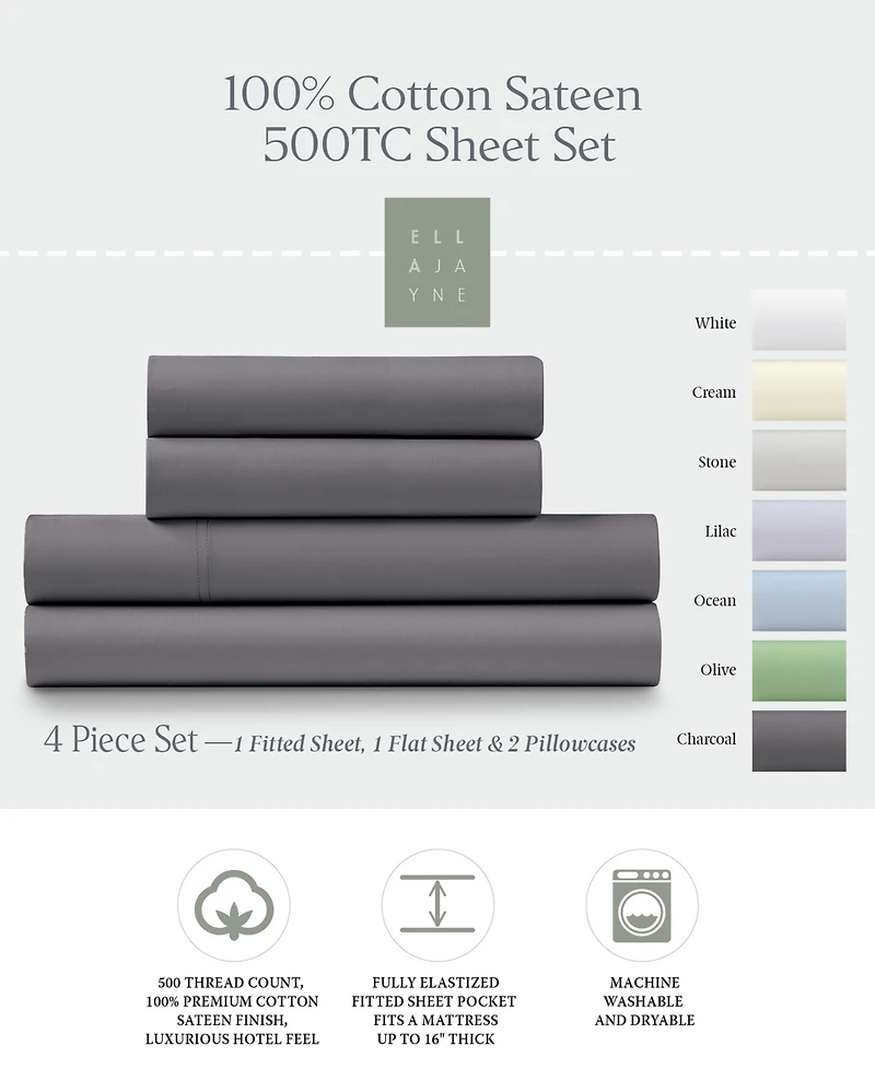Ella Jayne 500 Thread Count 100% Cotton Sateen 4-Pc. Sheet Set