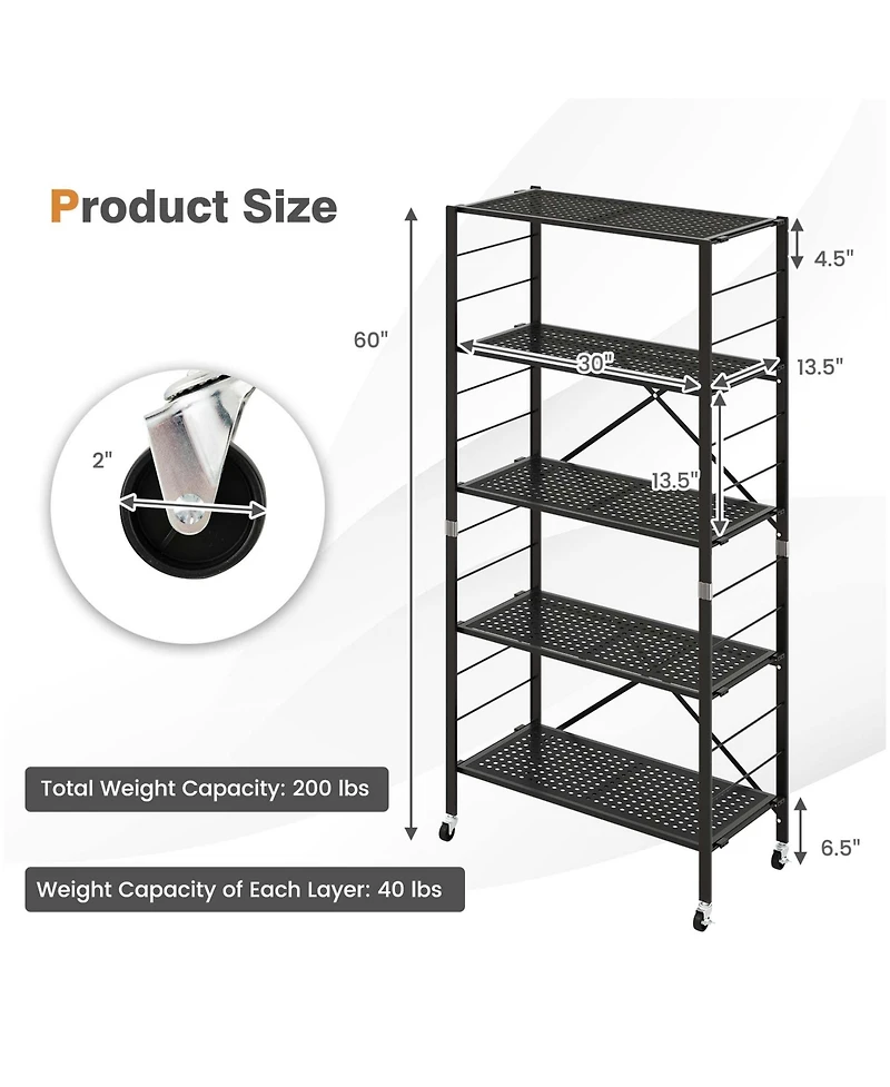 5-Tier Foldable Storage Shelves Adjustable Collapsible Organizer Rack with Wheels
