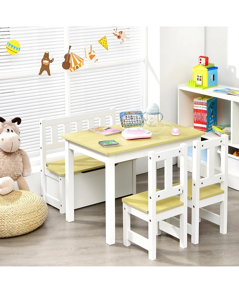 4 Pcs Kids Wooden Activity Table & Chairs Set w/ Storage Bench Study Desk