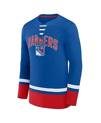Men's Fanatics Blue New York Rangers Back Pass Lace-Up Long Sleeve T-shirt
