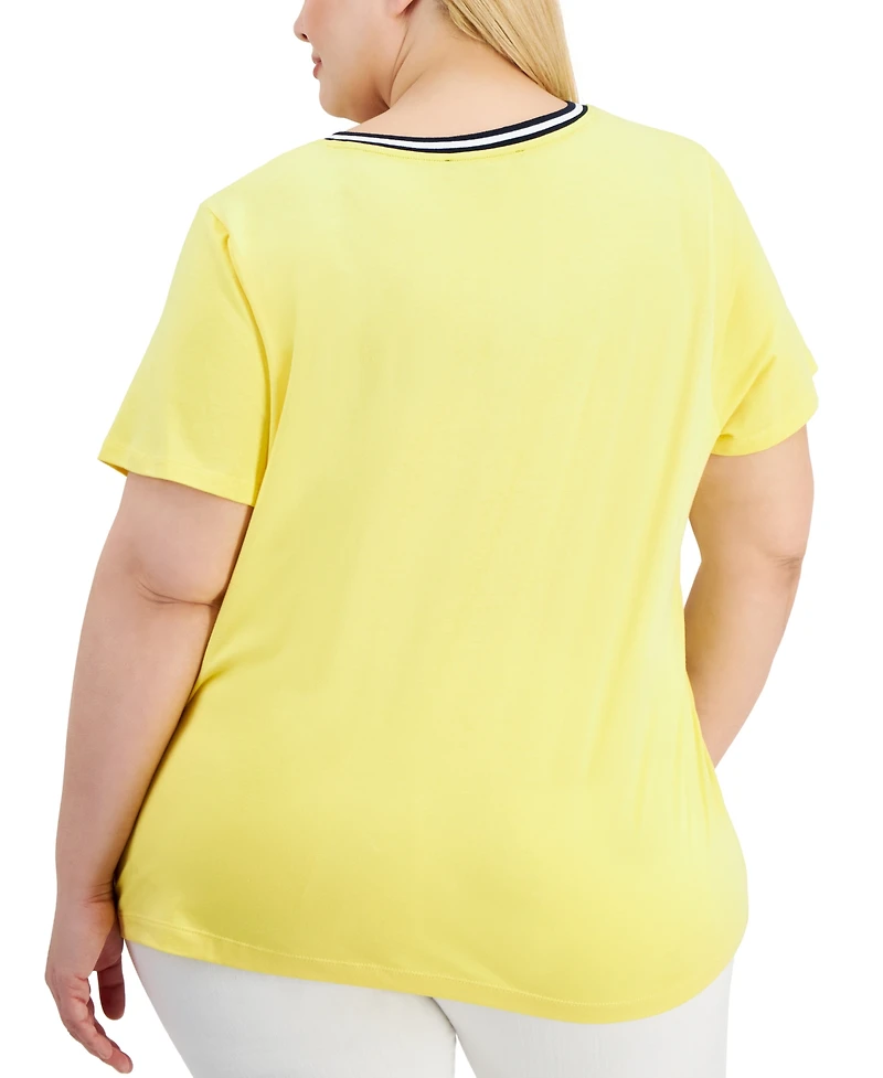 Tommy Hilfiger Plus Contrast Trim V-Neck Top