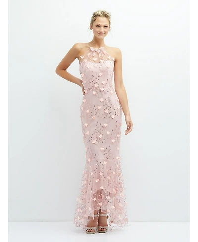 Sheer Halter Neck 3D Floral Embroidered Dress with High-Low Hem