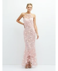 Sheer Halter Neck 3D Floral Embroidered Dress with High-Low Hem