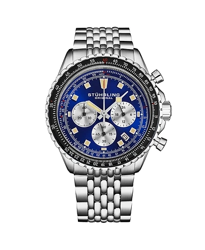 Stuhrling Men s RaceWay 1010 44mm Quartz Chronograph Watch, Blue Dial with Silver Subdials, Tachymeter Bezel, Stainless Steel Bracelet